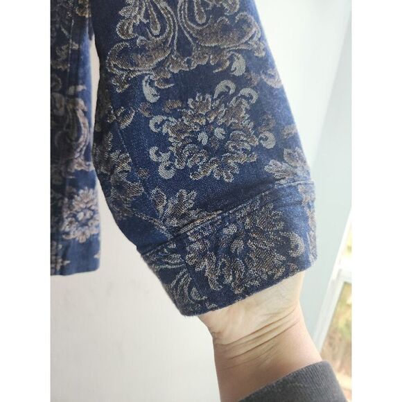 JM Collection Women Dark Blue w/Gold Floral Print Cotton Denim Jacket Blazer 16 - Picture 7 of 9